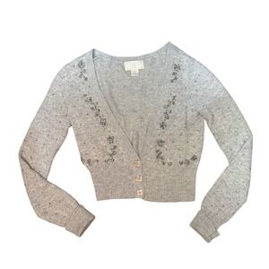 American Eagle Gray Angora Blend Beaded Floral Cropped Cardigan Sweater Small